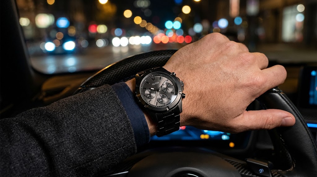 Homem usando um relógio Guess preto cronógrafo em aço escovado no volante de um carro esportivo