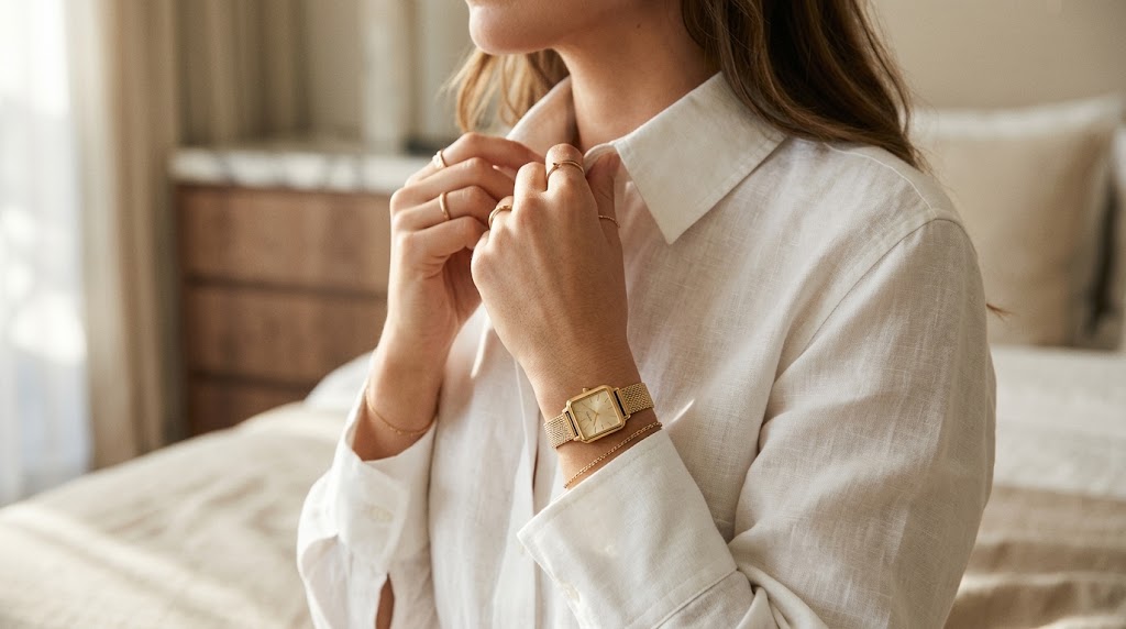 Mulher elegante vestindo camisa social branca e usando um pequeno relógio Guess quadrado dourado