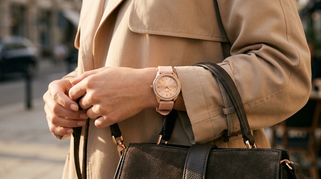 Mulher elegante vestindo trench coat usando um relógio Guess rose gold com pulseira de silicone rosa